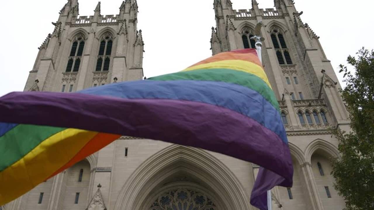 A gay pride flag at the Washington National Cathedral