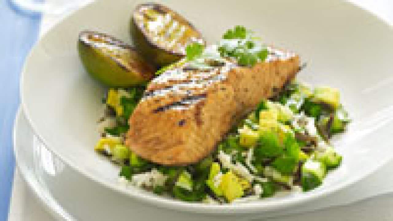 Ginger and lime grilled salmon with wild rice salad