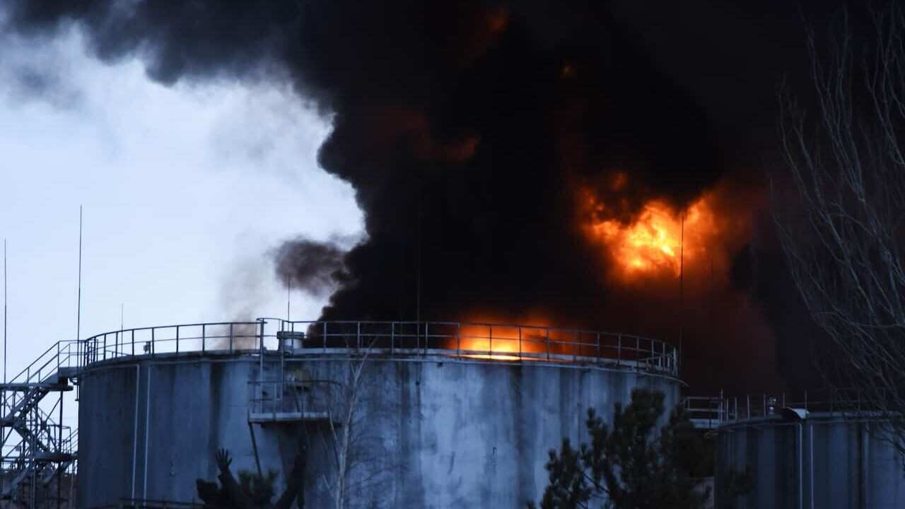 Smoke and fire are seen after the shelling of "critical infrastructure" in Odesa, Ukraine.