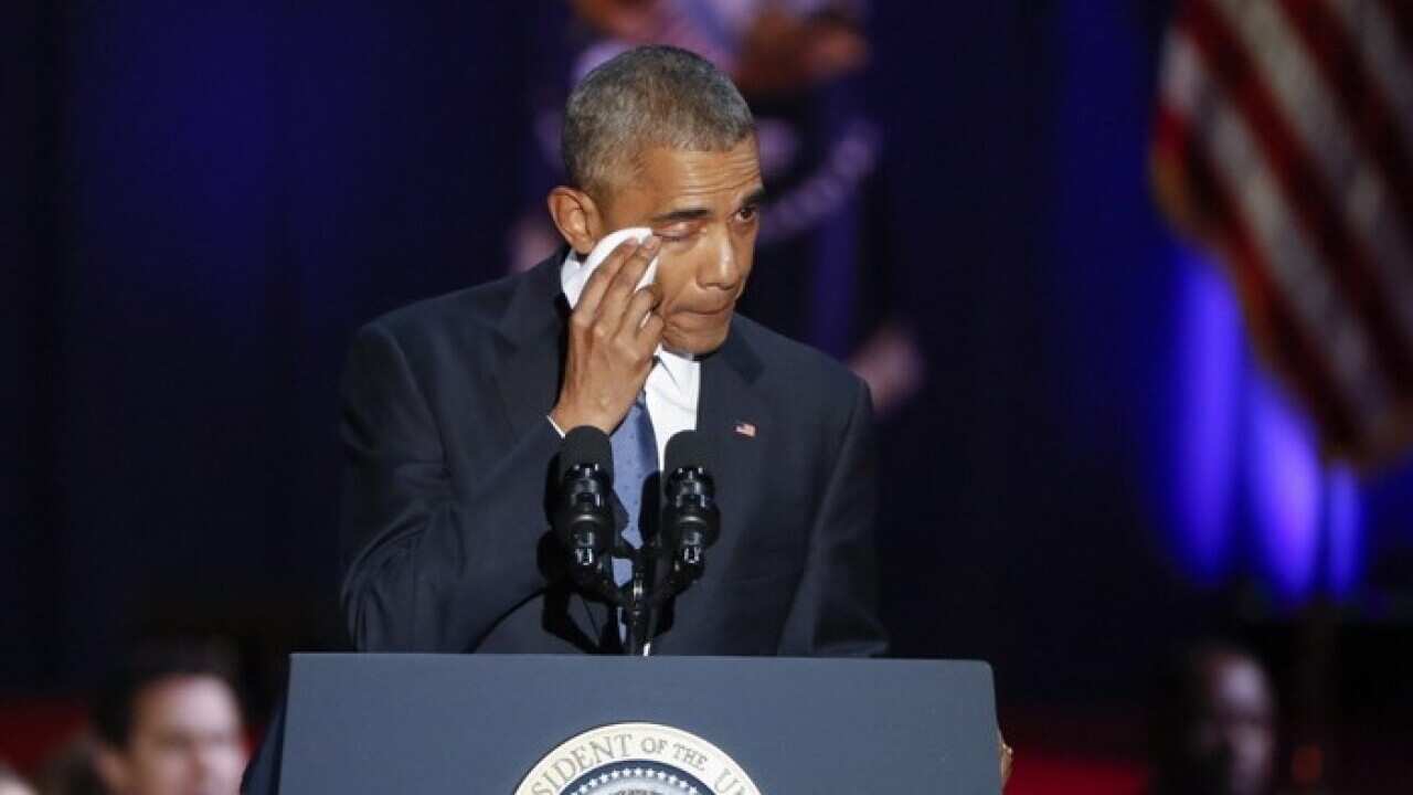 US President Barack Obama wipes a tear from his eye while delivering his farewell address to the American people at McCormick Place in Chicago, Illinois, USA, 10 January 2017