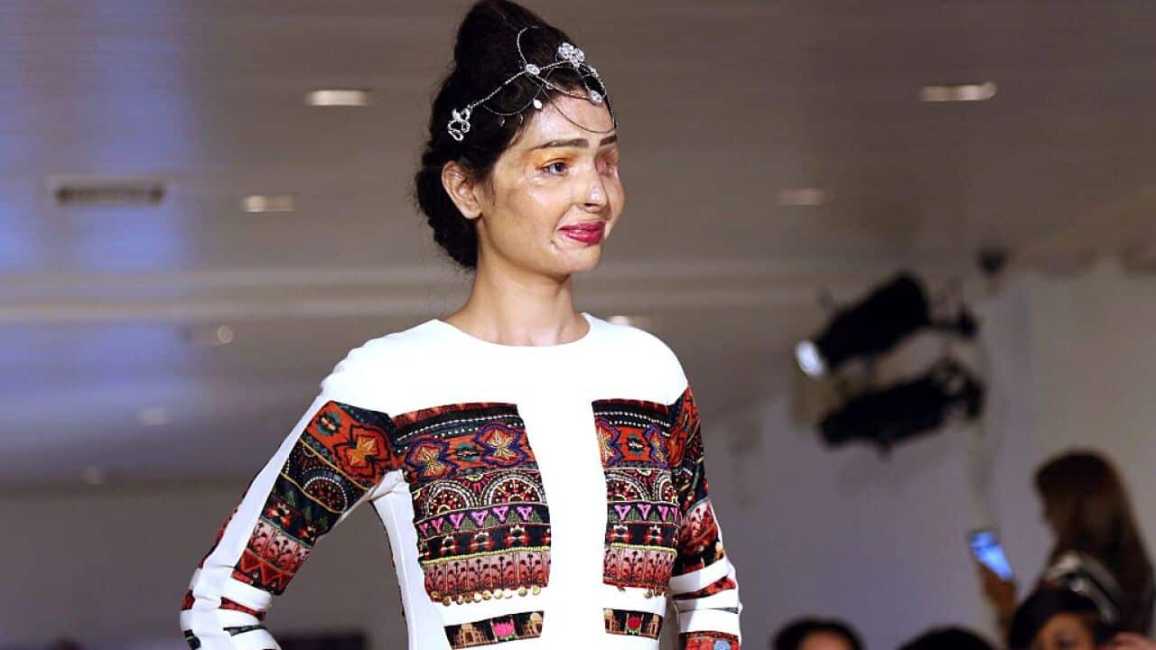 Acid attack survivor Reshma Bano Qureshi of India walks the runway during the FTL Moda presentation at New York Fashion Week in New York
