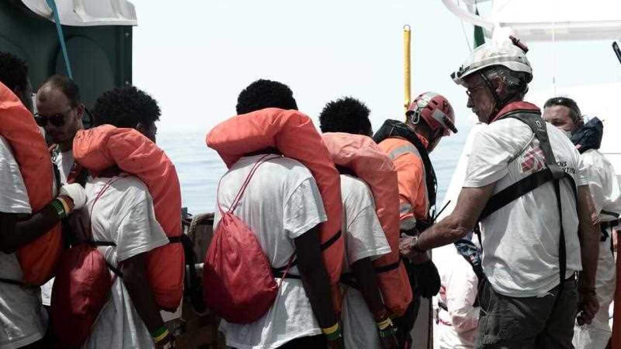 629 migrants boarding rescue vessel 'Aqarius' in the Mediterranean.