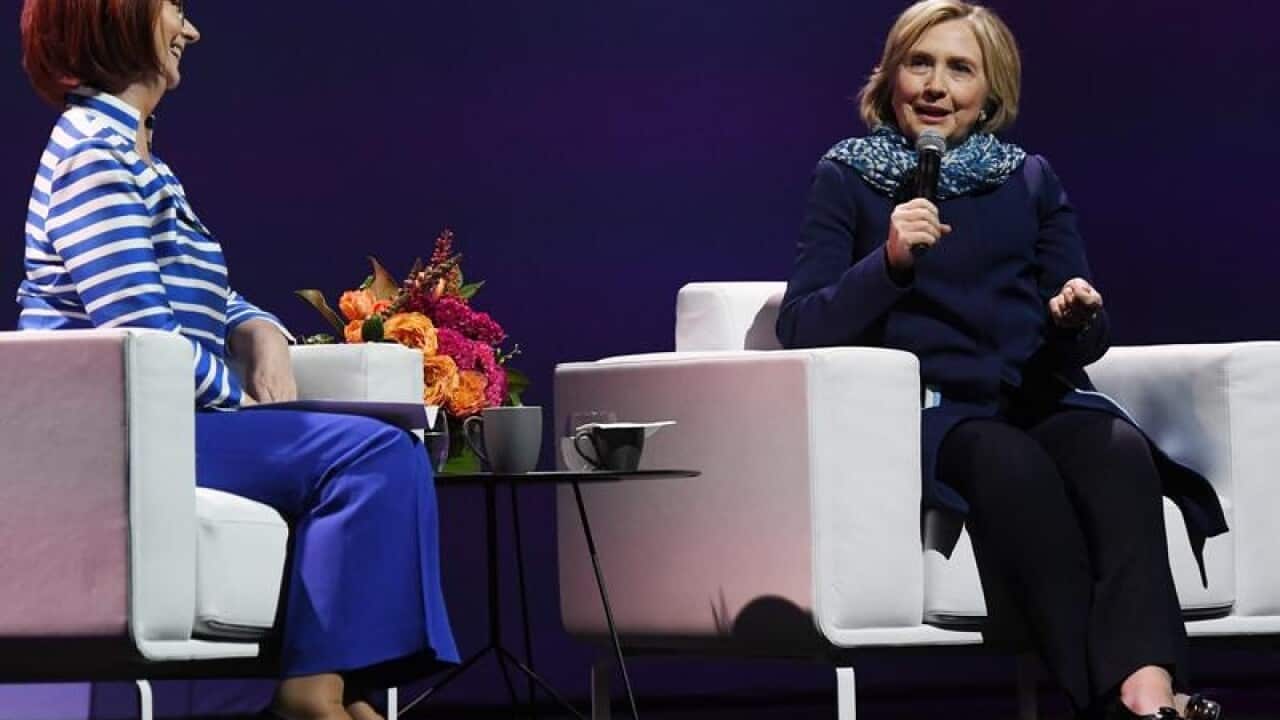 Hillary Clinton (right) Q&A with Julia Gillard, Sydney.