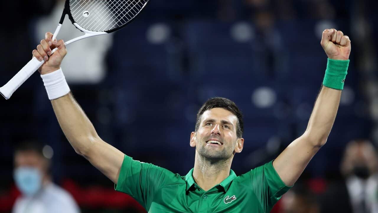 Novak Djokovic celebrates winning after his first round match at the Dubai Duty Free Tennis ATP Championships 2022.