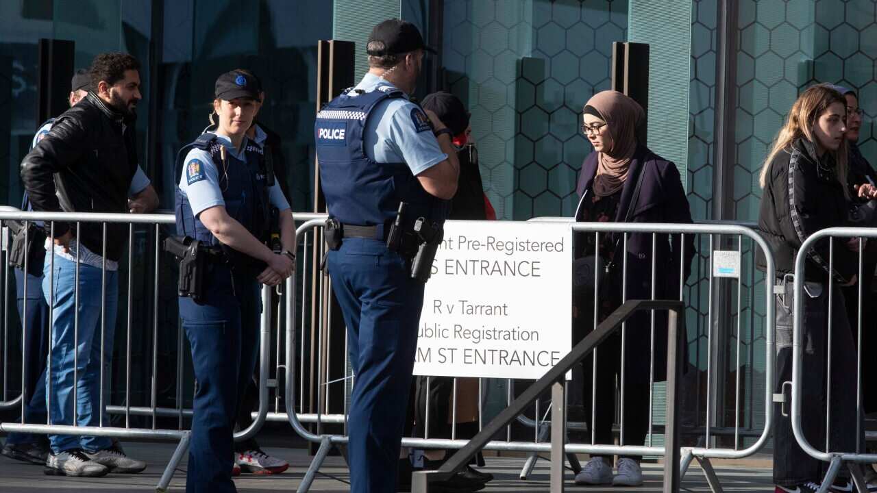 Family and survivors from the March 2019 Christchurch mosque shootings line enter the Christchurch High Court for day two of the sentencing hearing.