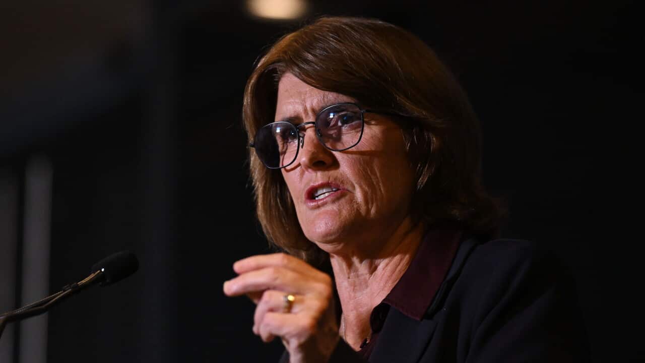 A woman speaking while standing at a lectern.
