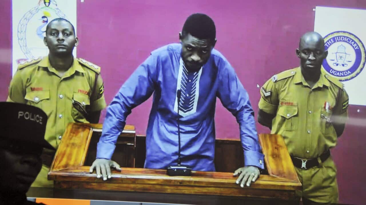 Ugandan pop star and opposition figure Bobi Wine appears for his bail application via a video link from prison