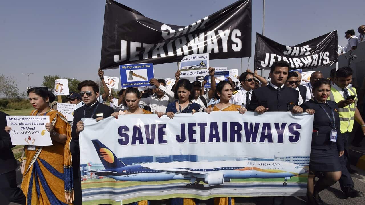 Jet Airways' employees protest outside IGI Airport over delay in their salaries, on April 13, 2019 in New Delhi, India.