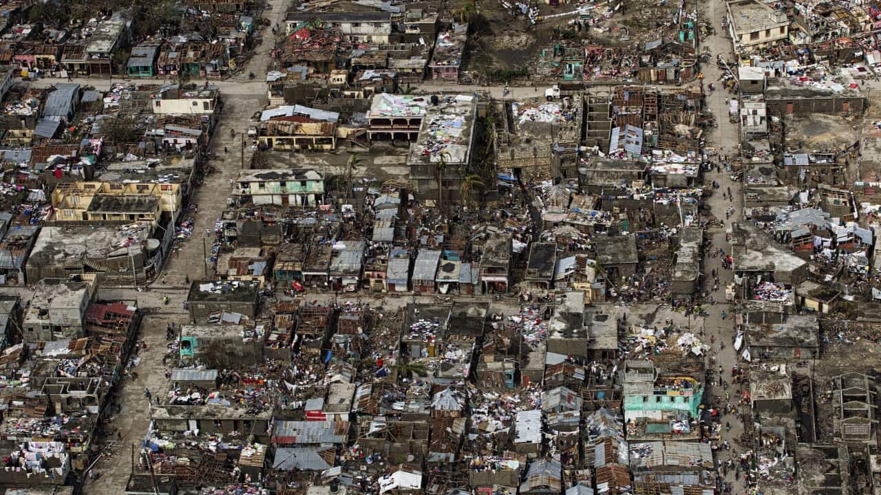 A handout picture provided on 07 October 2016 by MINUSTAH showing the city of Jeremie ,Haiti, on 06 October 2016, in the west of the country.