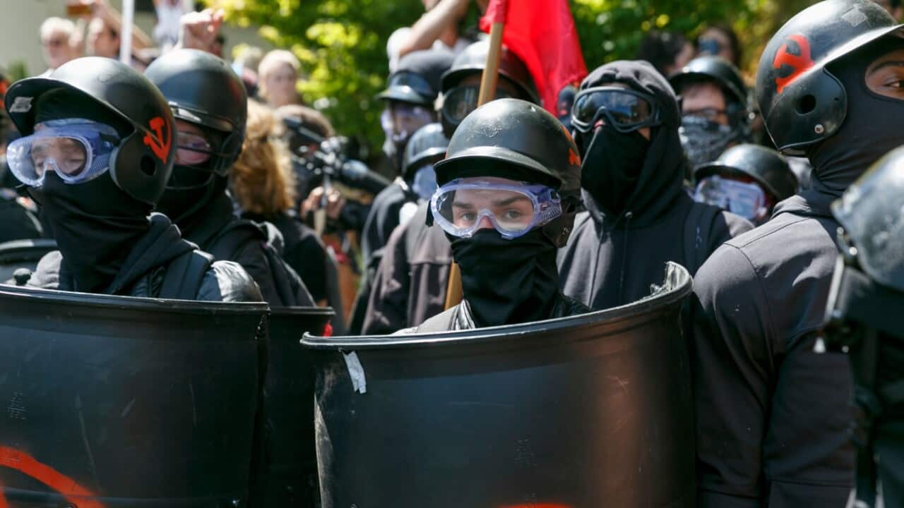 Counter-protesters prepare to clash with Patriot Prayer protesters during a rally in Portland.