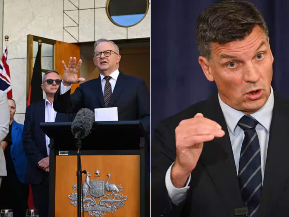 (Left) Australian Prime Minister Anthony Albanese and Australian Communications Minister Anika Wells (Right)Australian Opposition leader Angus Taylor) AAP LUKAS (COCHAAPIMAGE (1).png