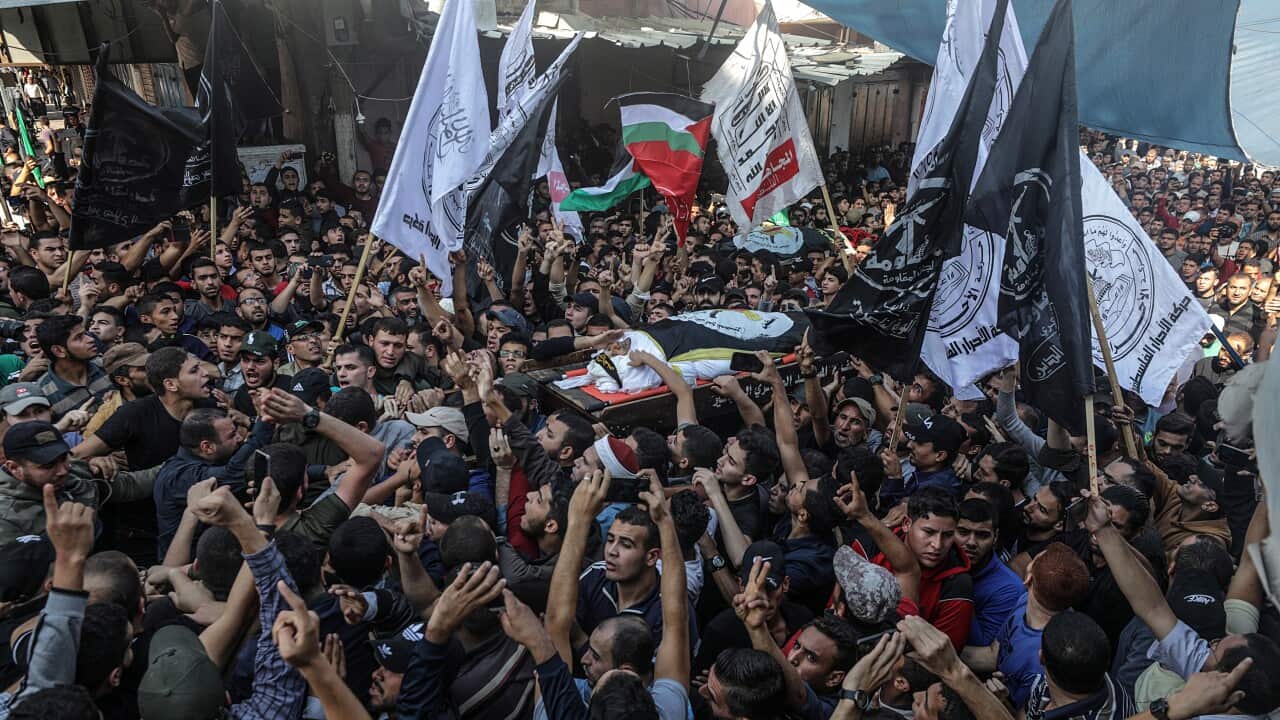 Palestinians carry the body of Islamic Jihad commander, Bahaa Abu el-Ata during his funeral in the east of Gaza City, 12 November 2019. Abu el-Ata was killed with his wife after Israeli strike his home eastern Gaza.