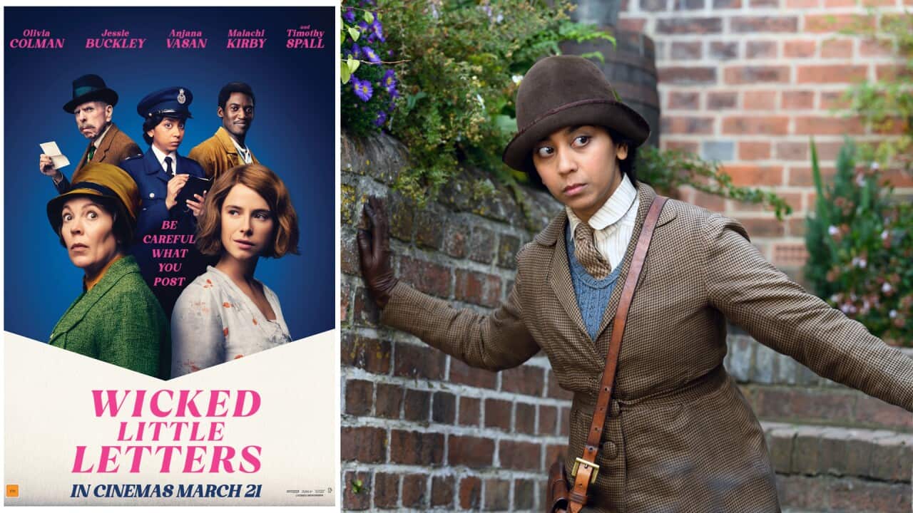 "Wicked Little Letters" Australian poster, and Anjana Vasan in one of the scenes. (StudioCanal)
