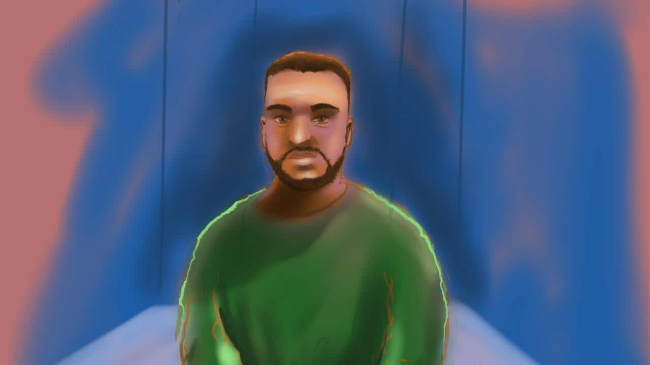A court drawing of a man with a short beard wearing a green sweater, posed against a blue and pink abstract background.