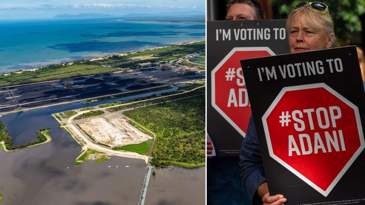 The Adani Abbot Point coal terminal on February 9 and an anti-Adani protest.