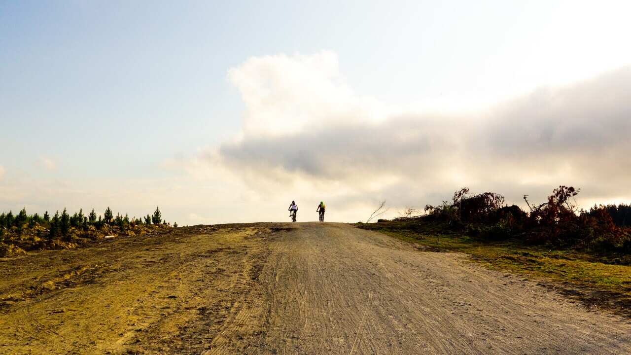 Two riders crest a hill on a dirt road