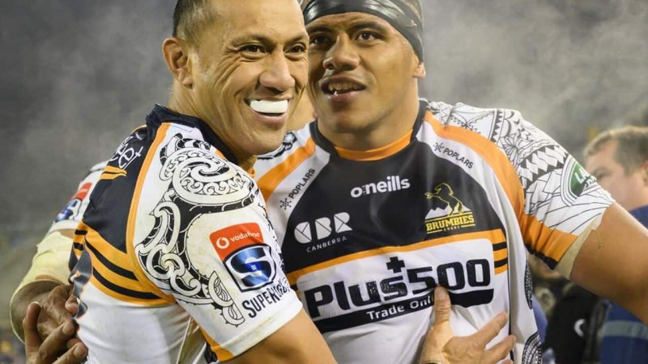 Brumbies Christian Lealiifano and Allan Alaalatoa