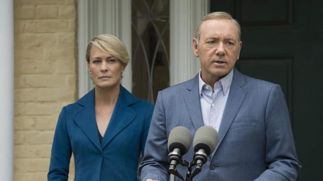 Kevin Spacey (R) and Robin Wright in a scene from House of Cards