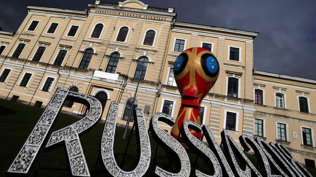 The official emblem of the 2018 FIFA World Cup in Russia installed in Saint Petersburg.
