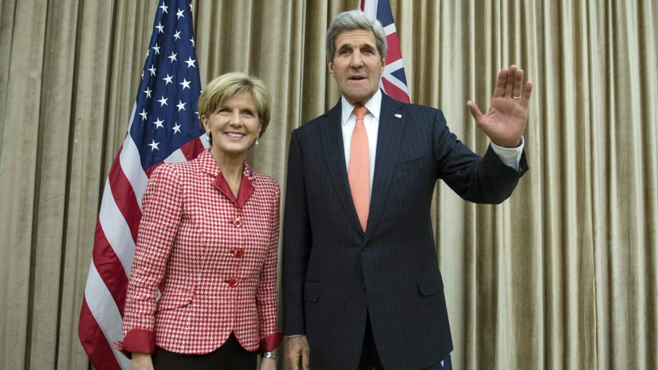 US Secretary of State John Kerry and Foreign Minister Julie Bishop before their meeting on the sidelines of the APEC meeting in Beijing on Saturday. (AP)
