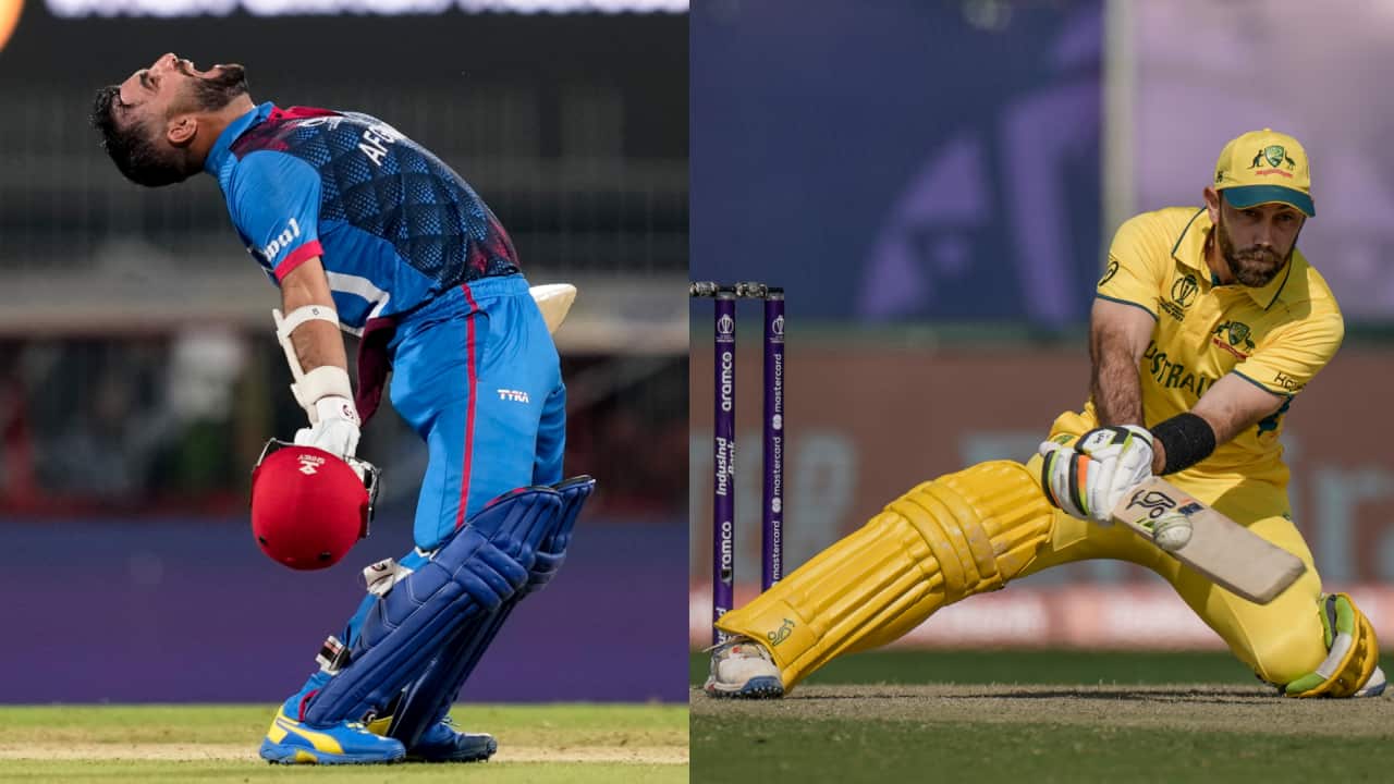 Afghanistan's captain Hashimatullah Shahidi (L) and Australia's Glenn Maxwell (R) during their respective matches with Pakistan and New Zealand at the ICC Men's Cricket World Cup in India.