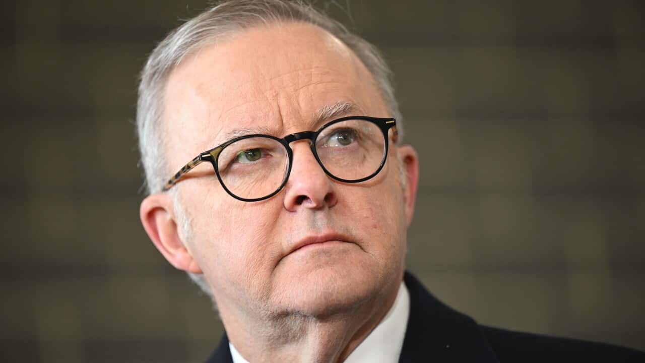 Australian Prime Minister Anthony Albanese speaks to the media during a tour of the Canberra Institute of Technology in Canberra