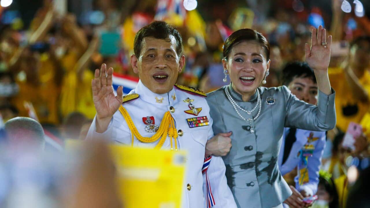 Thailand's King Maha Vajiralongkorn and Queen Suthida greet the royalists, outside The Grand Palace in Bangkok, 1 November 2020.