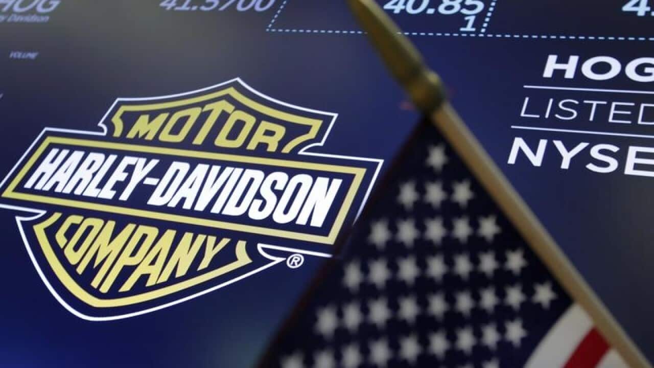 The Harley-Davidson logo on a screen at the New York Stock Exchange
