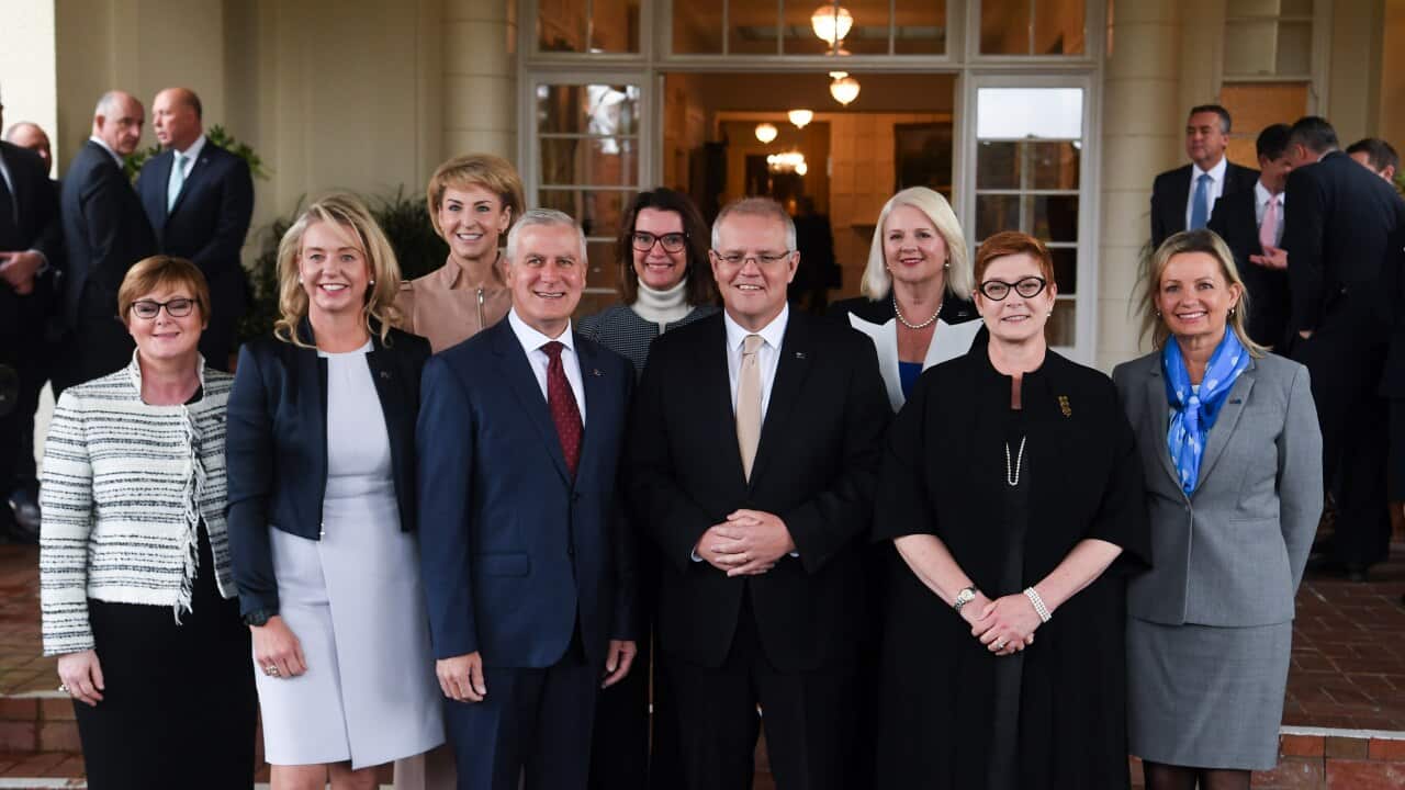 Federal cabinet pose for photographs, after the announcement of new female ministry members, Canberra, Wednesday, 29 May 2019.