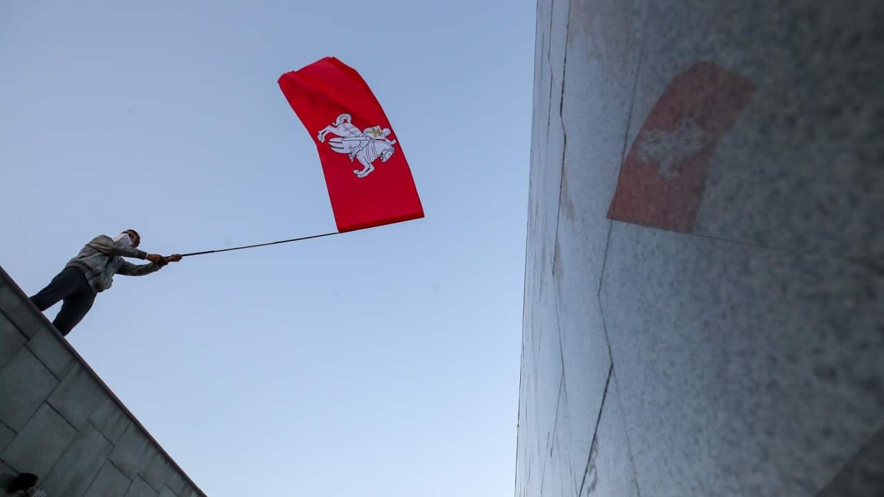 A protester in an opposition rally in Minsk, Belarus