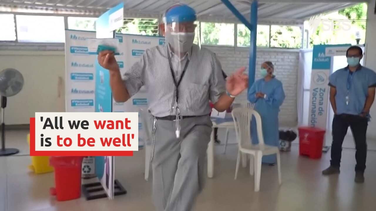 Elderly man dances for joy after receiving COVID-19 vaccine