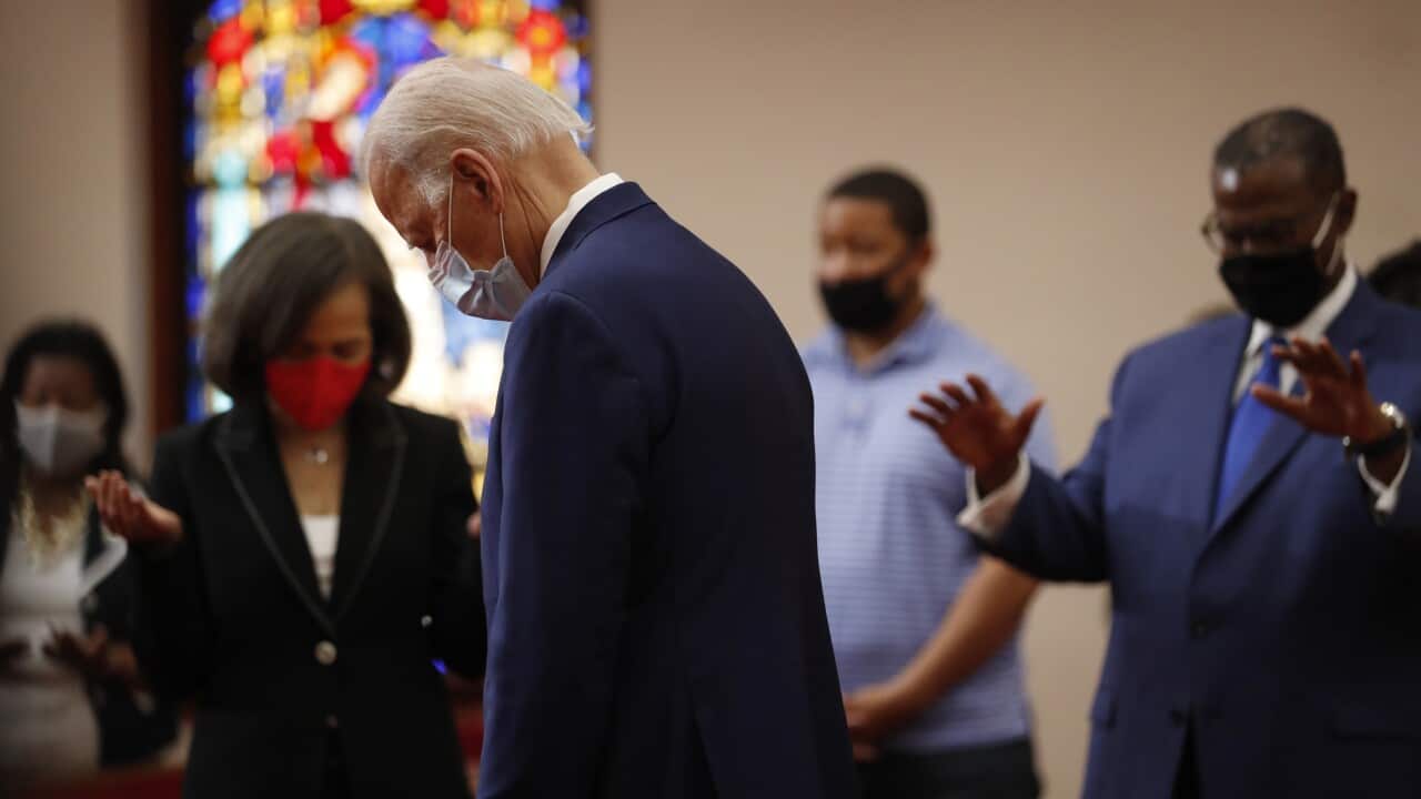 Democratic presidential candidate, former Vice President Joe Biden bows his head in prayer during a visit to Bethel AME Church in Wilmington, Del., Monday, June 1, 2020. (AP Photo/Andrew Harnik)