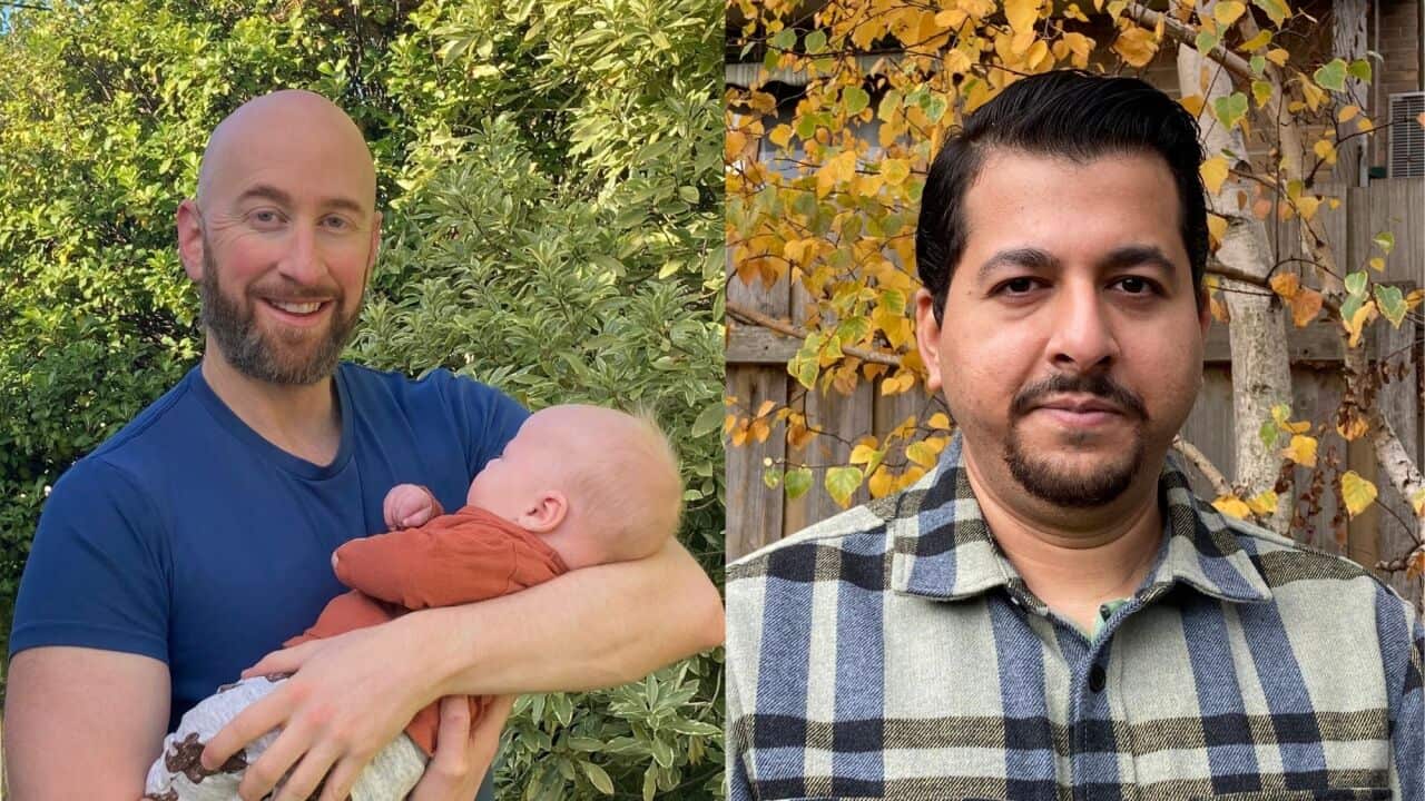 Composite picture of a man holding a baby (left) and another man