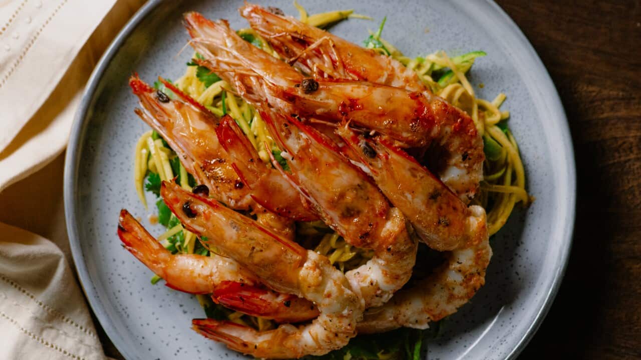 Grilled prawns with amba dressing