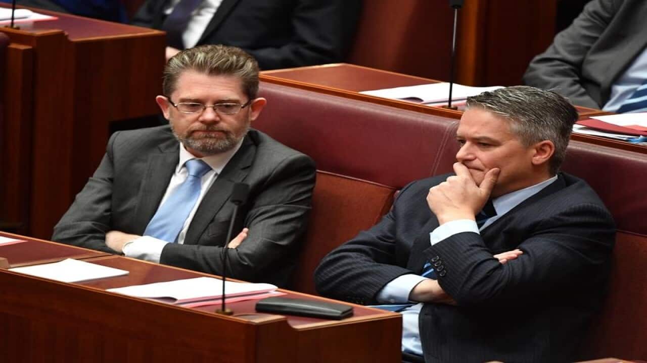 cott Ryan and Minister for Finance Mathias Cormann during a division