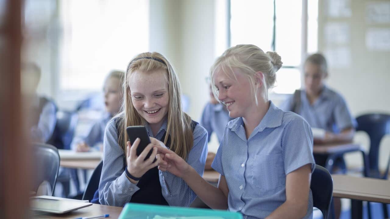 Two smiling schoolgirls in classroom looking at cell phone