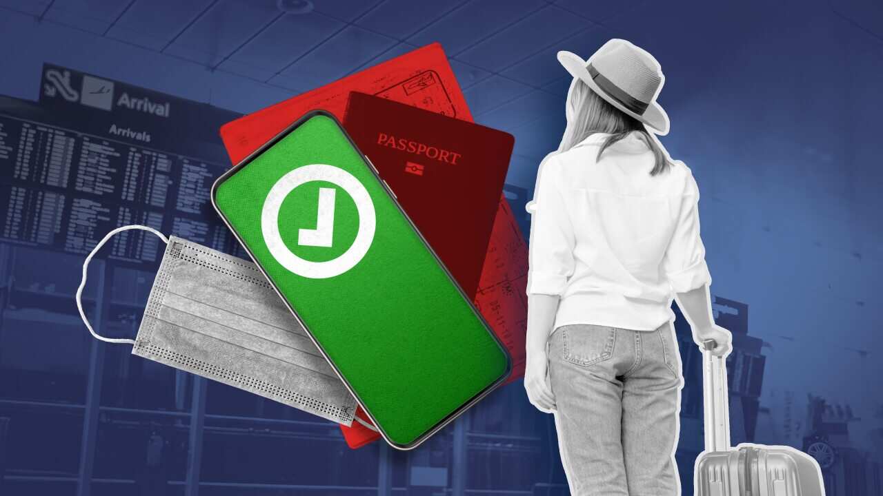 Graphic showing a traveller with passport, mask and PCR test.