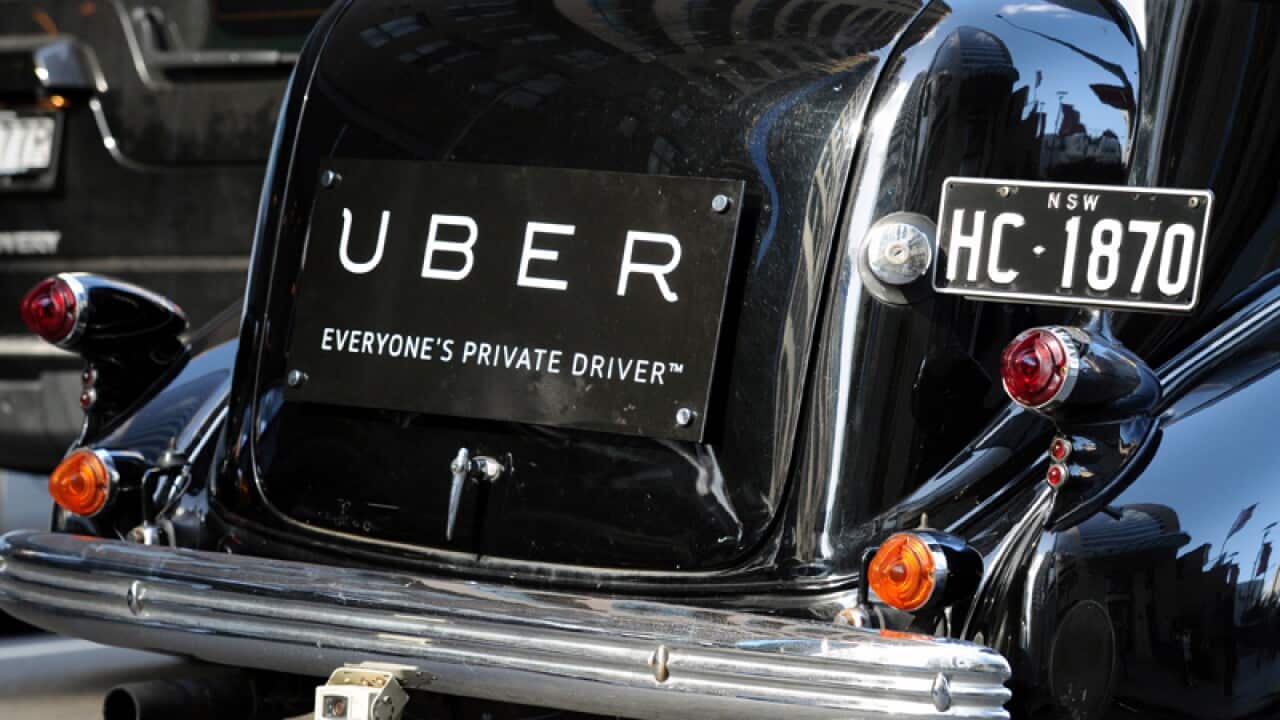 Uber signage on a vintage car