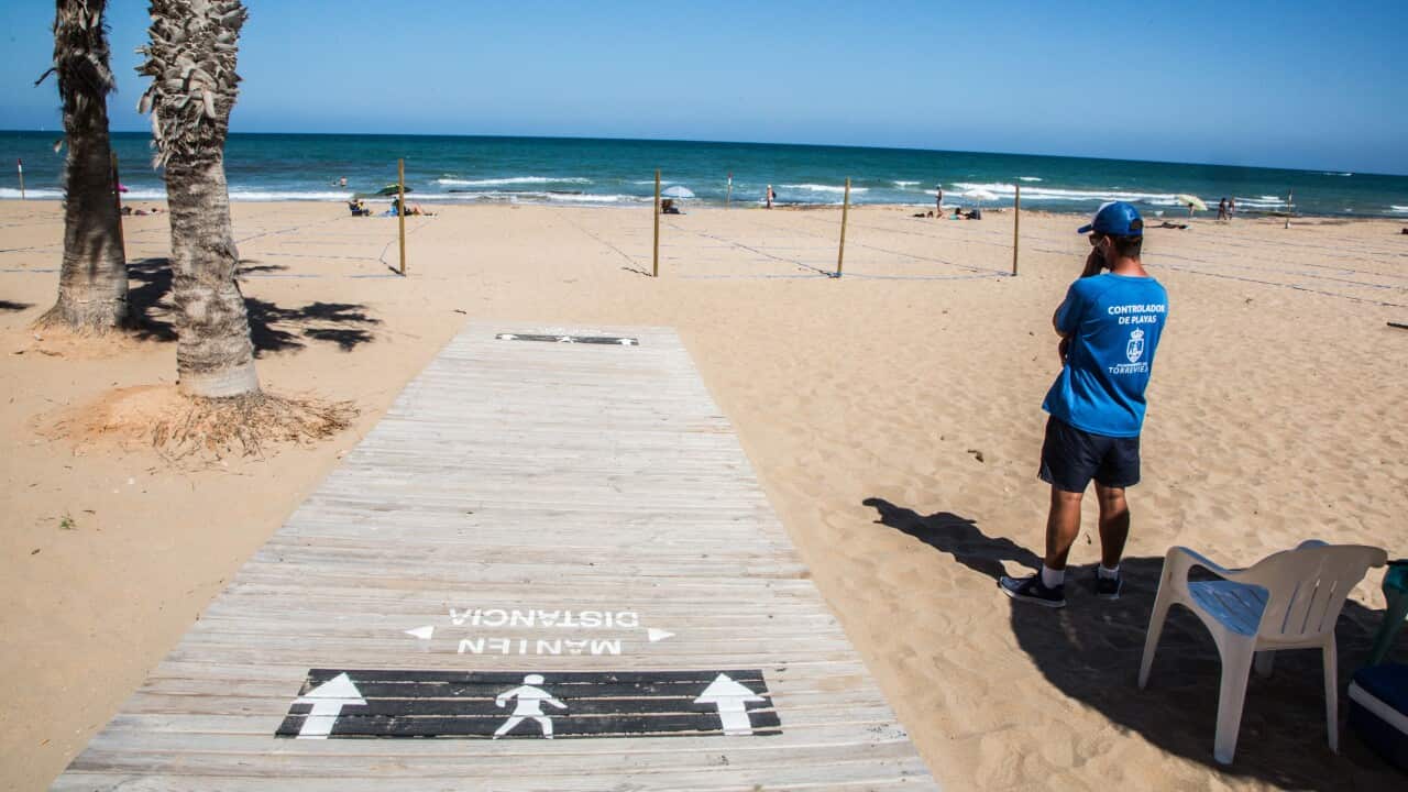 Social distancing measures taken to curb the spread of Coronavirus on a beach on 4 July, 2020 in Torrevieja, Spain.
