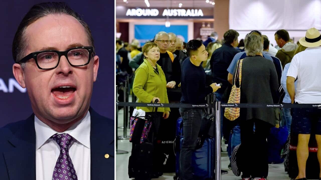 Alan Joyce an passengers at Sydney Airport.