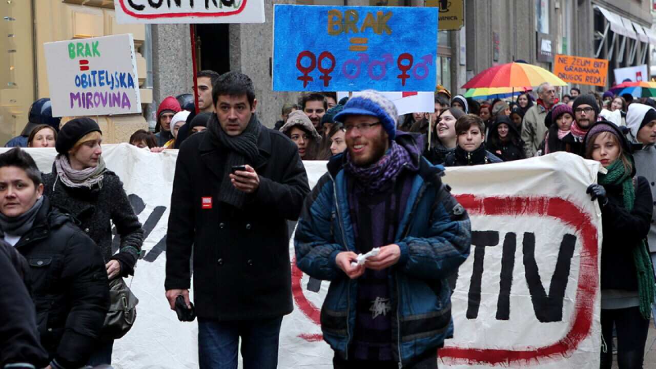 Gay activists and supporters in downtown Zagreb, Croatia