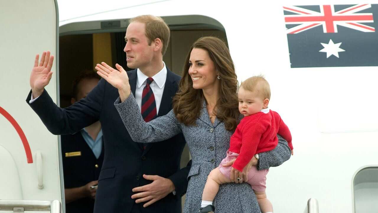 The Duke and Duchess of Cambridge and Prince George depart Canberra on a Royal Australian Air Force aircraft during their April 2014 visit to Australia.
