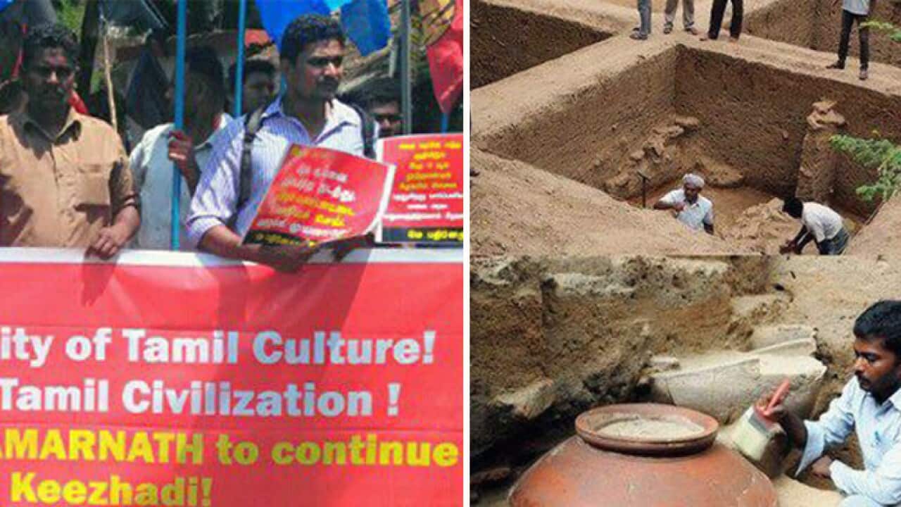 Protest against Archaeological Survey, India (left) and Keezhadi archaeological site (right)