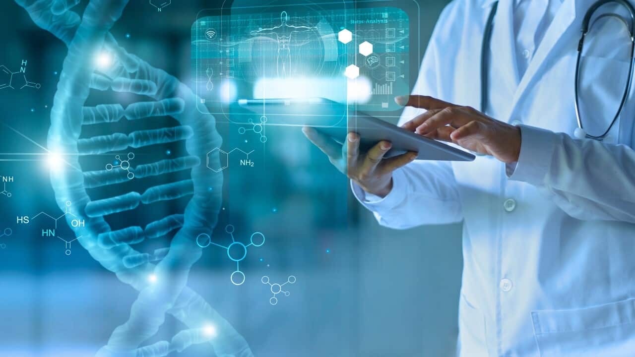 Montage of doctor assessing electronic genomic record on tablet, with holographic, virtual backgrond.