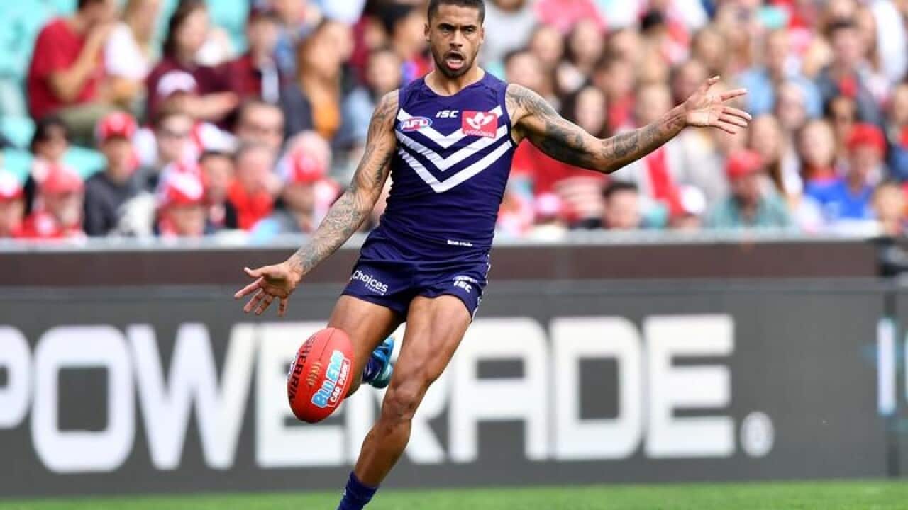 Bradley Hill of the Dockers during the Round 21 AFL match.