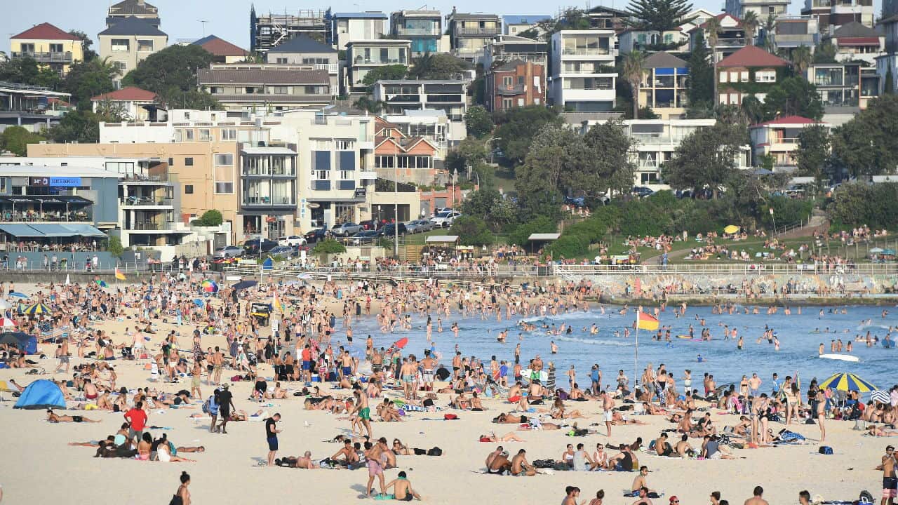 Crowds gather at Bondi Beach in Sydney.