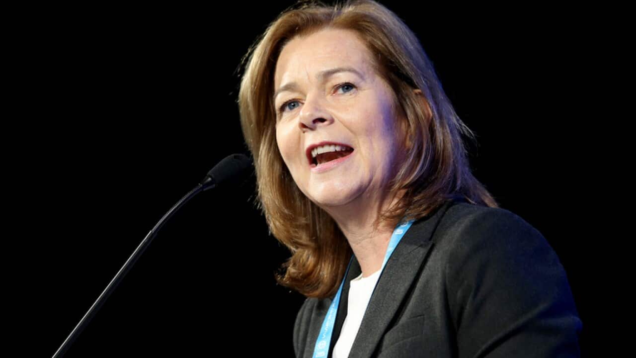 Newly elected ACTU president Michele O'Neil speaks at the ACTU Congress in Brisbane, Tuesday, July 17, 2018. (AAP Image/Jono Searle) NO ARCHIVING