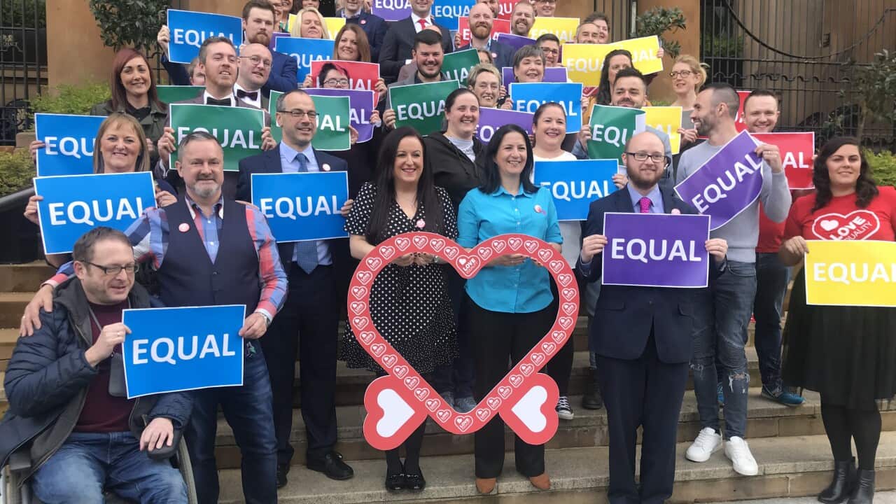 Same-sex couples and campaigners in Northern Ireland had an early celebration in Belfast on Monday ahead of new legislation.
