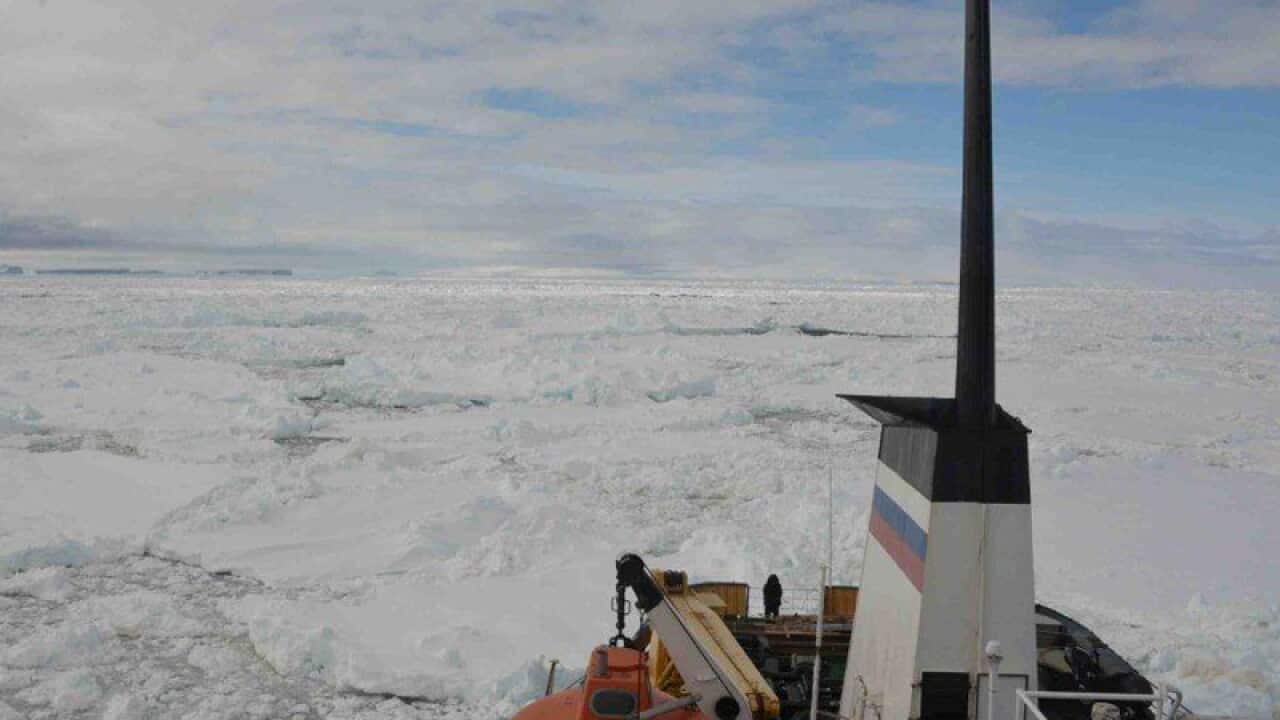 A cruise liner trapped in thick sheets of ice