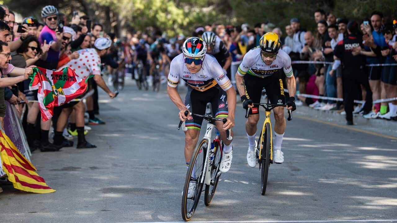 Remco Evenepoel and Prmoz Roglic in action during 102nd Volta Ciclista a Catalunya 2023 - Stage 7